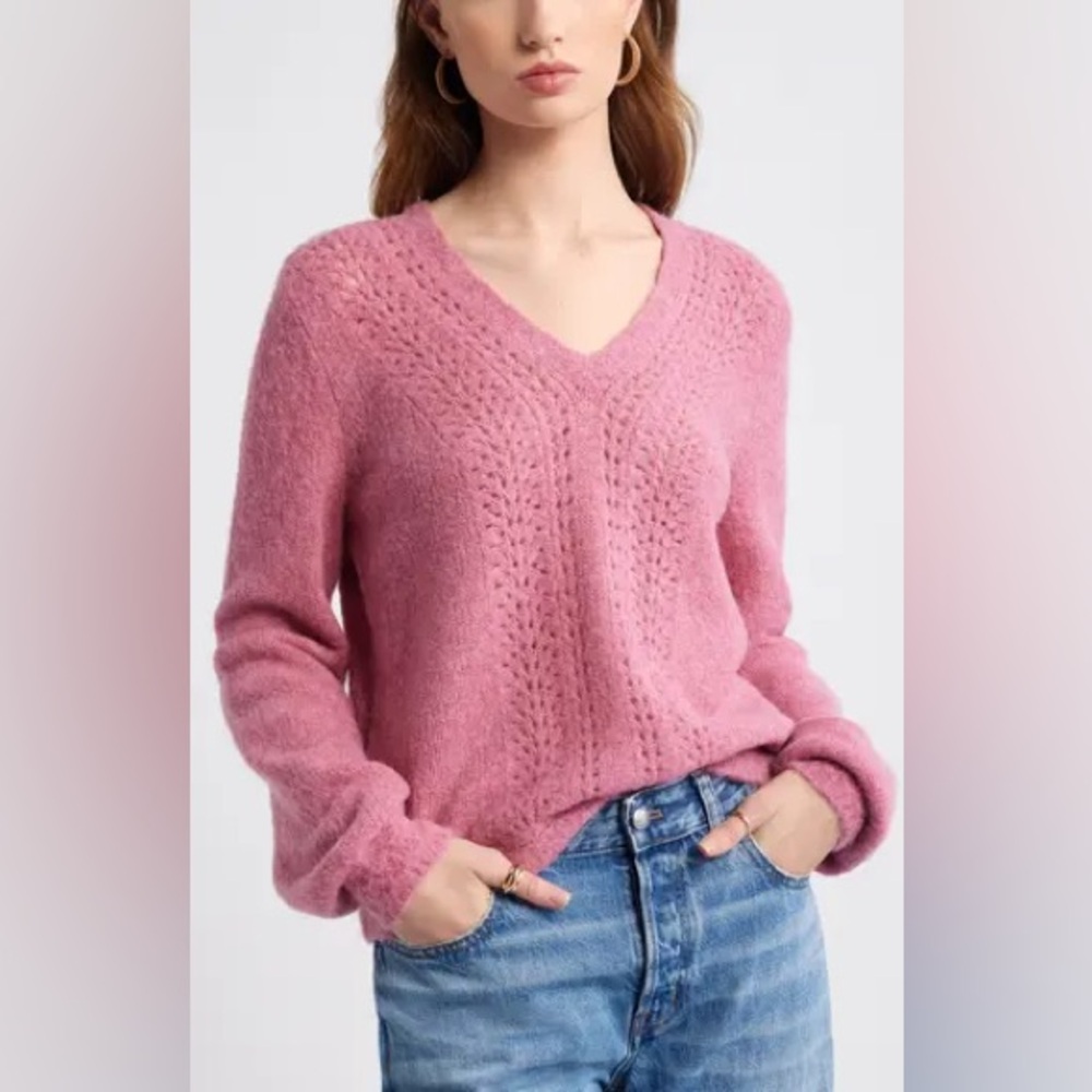 Treasure & Bond Pointelle V Neck Sweater Pink‎ Size Small Lightweight Knit